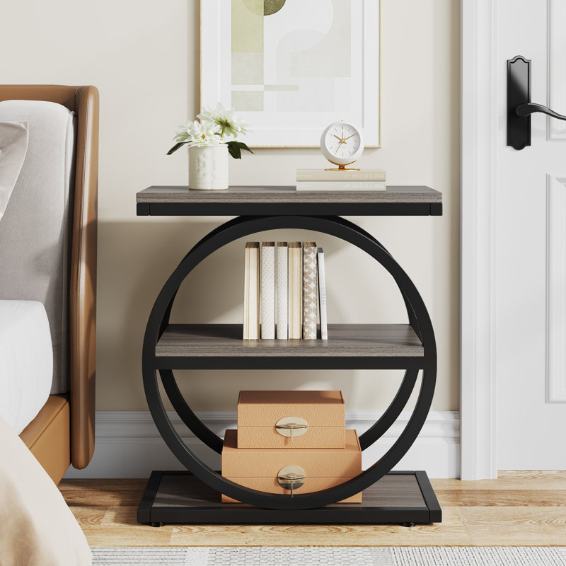 Marquille 3-Tier Manufactured Wood and Metal End Table with Round Frame , Gray/Black