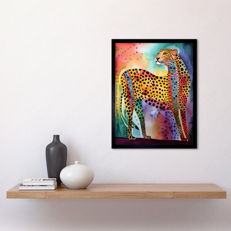 Colourful Cheetah Folk Art Watercolour Painting Art Print Framed Poster Wall Decor 12x16 inch