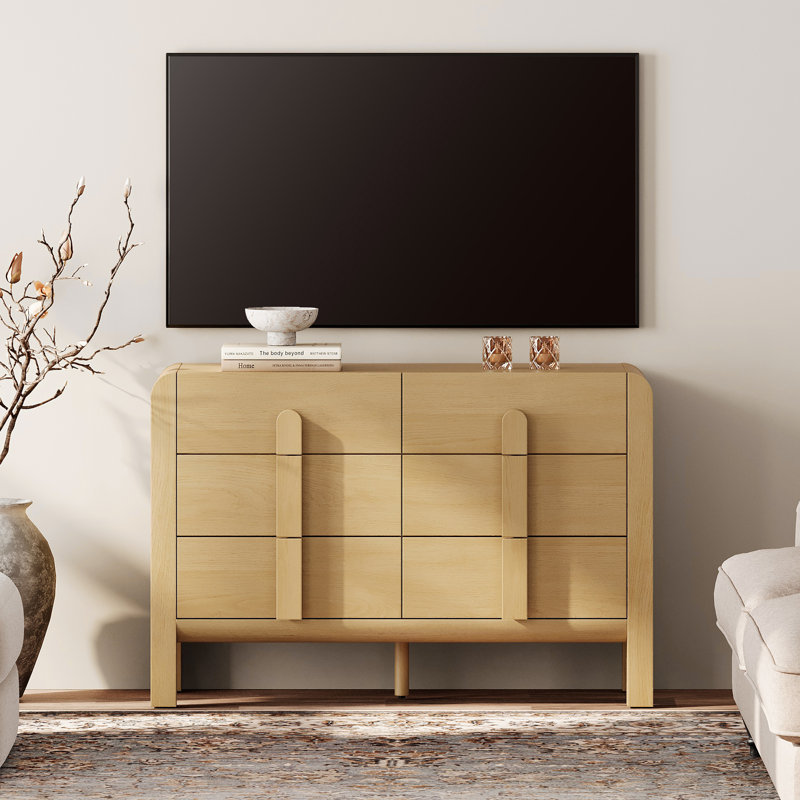 Mid Century Modern 6 Drawer Dresser TV Stand For 55 Inch TV, Entertainment Center With Curved Profile Design, Wood TV Console With Storage For Living Room