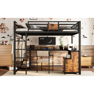 Lit mezzanine double en métal noir avec bureau, tiroirs, fonctionnement silencieux et rangement intégré durable, conception antirouille, réducteur, échelles sécuritaires