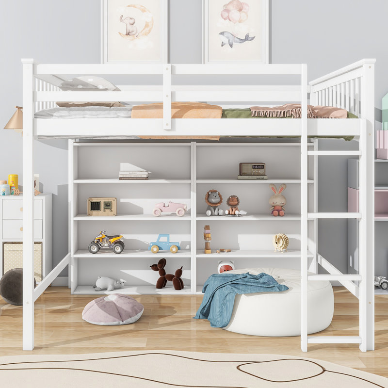 Lit mezzanine spacieux avec rangement en bois de pin massif blanc antique, idéal pour étudier et dormir