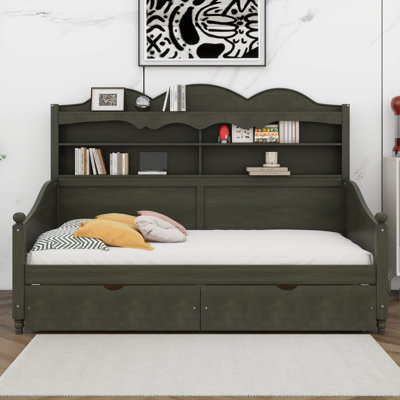 Twin Daybed With Storage Drawers And Headboard Shelving, Wooden Retro Day Bed Frame
