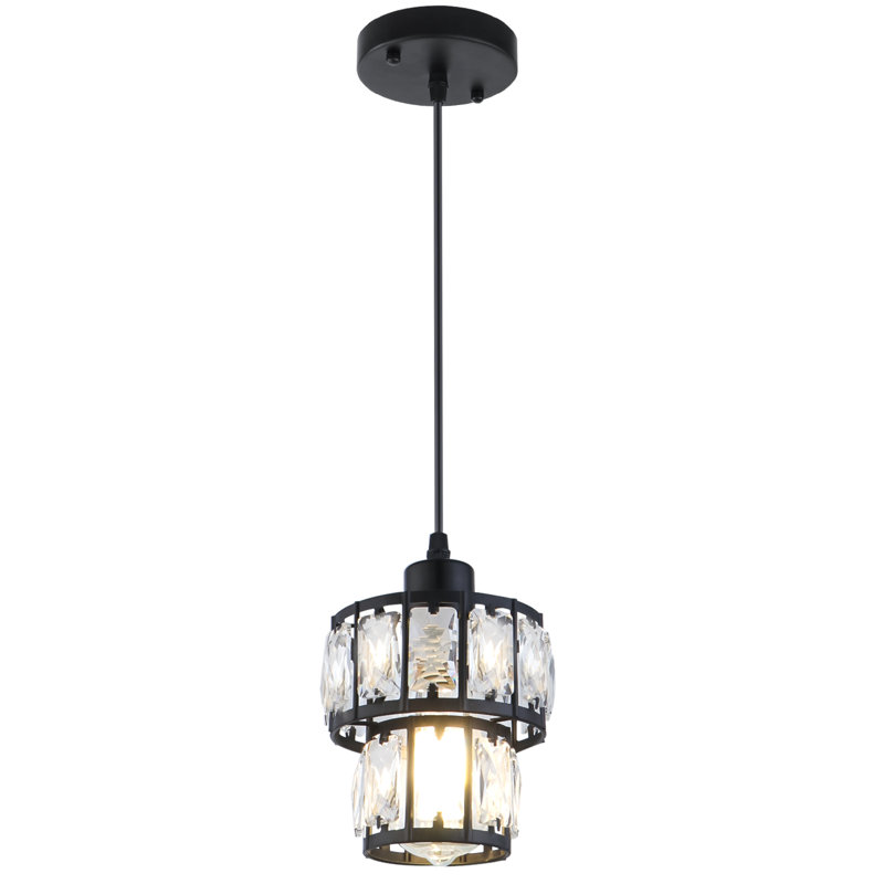 Levona 1-Light Crystal Drum Modern Pendant Light, Matte Black