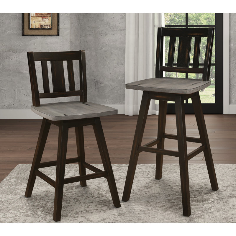 Chaises à hauteur de comptoir rustique en bois d'hévéa massif - gris noir, pivotant à 360 degrés (2 pièces en bois sur 2 pivotantes)