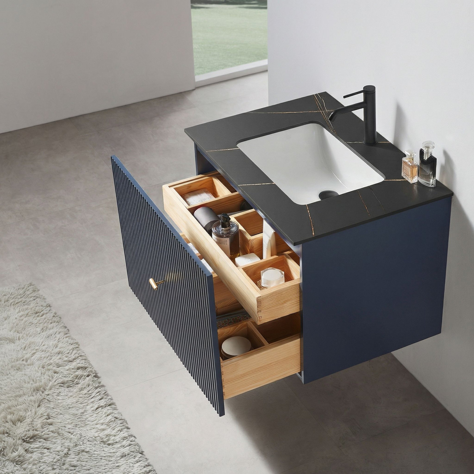 Jamell 30'' Single Bathroom Vanity, Dark Blue, Black