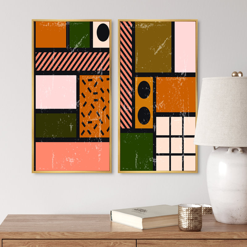 Minimal Abstract Shapes in Retro Colors IV - ensemble de 2 impressions, H 32 po x l 32 po x P 1 po, Toile avec cadre doré