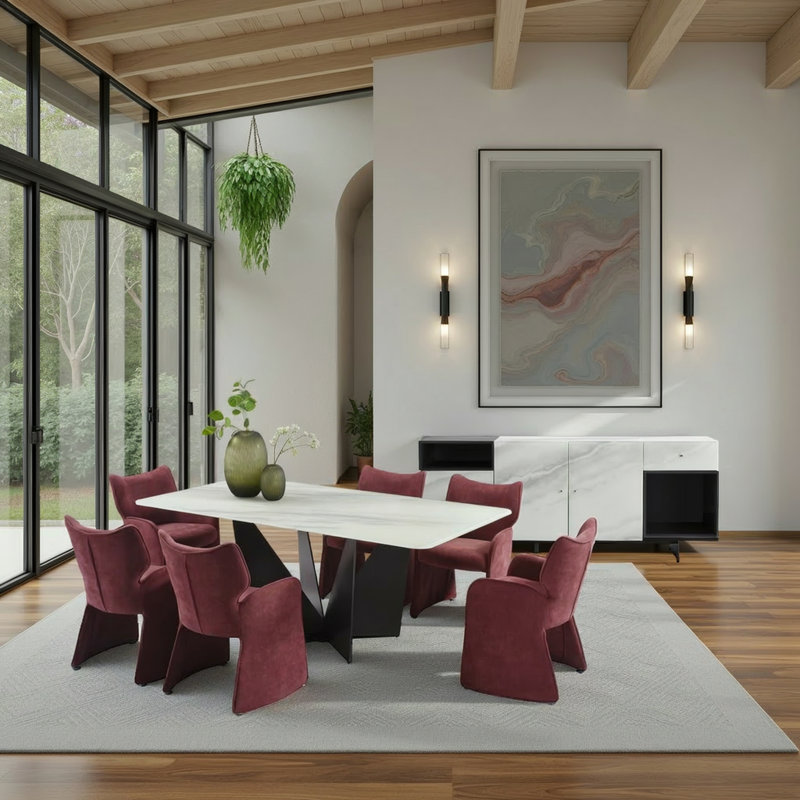 Ensemble de salle à manger moderne 7 pièces avec chaises rembourrées et plateau en verre trempé Arguelles, Mauve
