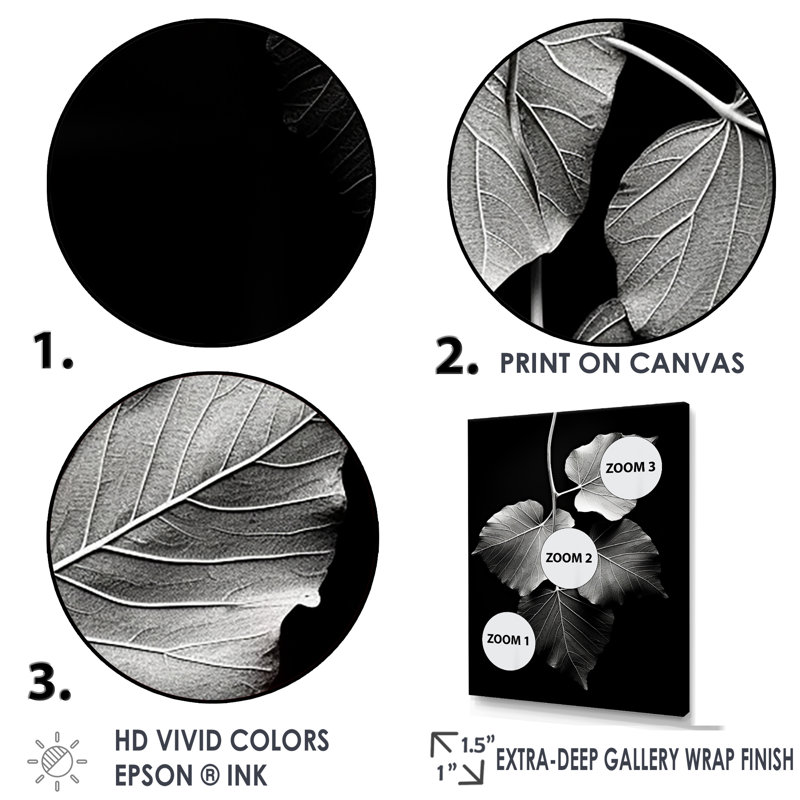Feuilles monochromes sur fond noir, reproduction sur toile, H 40 po x l 30 po, Cadre flottant noir
