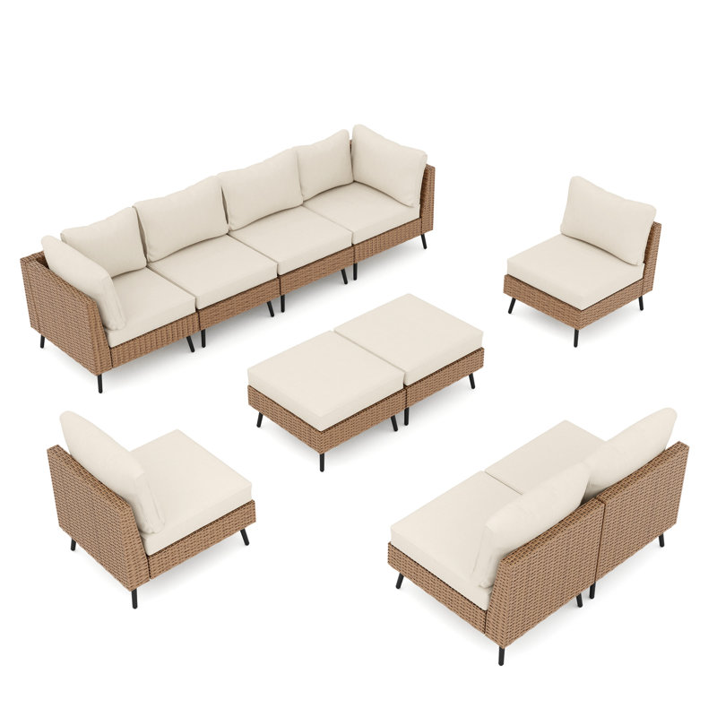 Ensemble de conversation modulaire 10 pièces avec coussins, Coussin blanc/ Cadre brun
