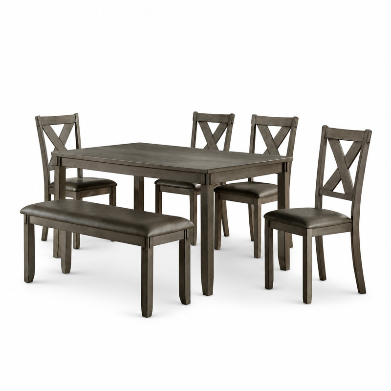 Decker 60" Transitional 6-Piece Dining Set for 6 — X-Back Chairs · Gray Wood Finish