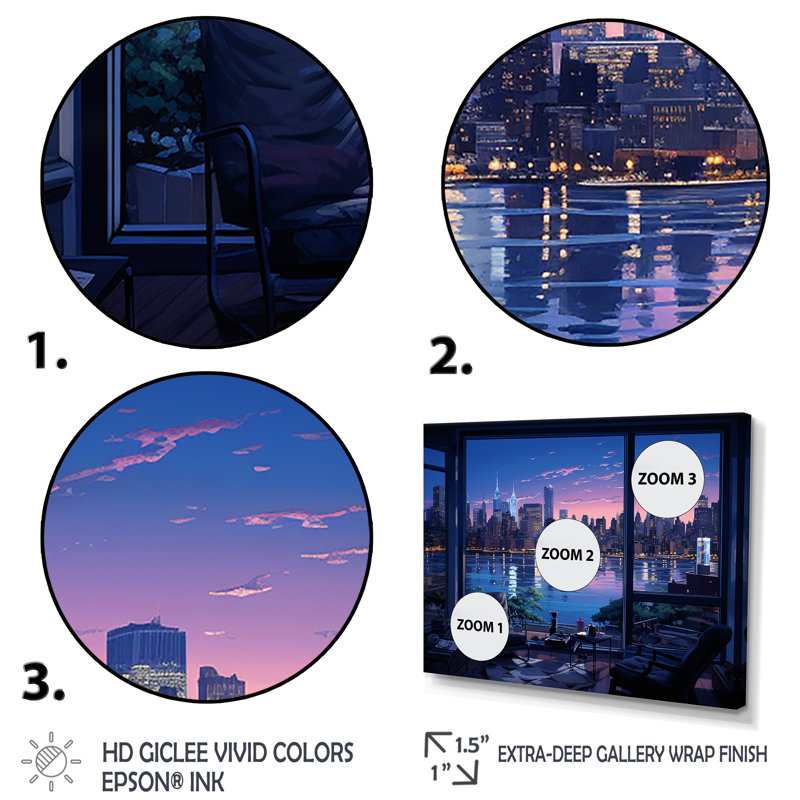 «Blue NYC at Night Window View III - New York City», art sur toile, Cadre doré à coins fermés, H 34 po x l 44 po x P 1,5 po
