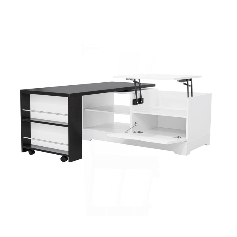 Table basse à plateau relevable Farmhouse avec portes de grange, grand espace de rangement caché, supports latéraux et tablettes ouvertes