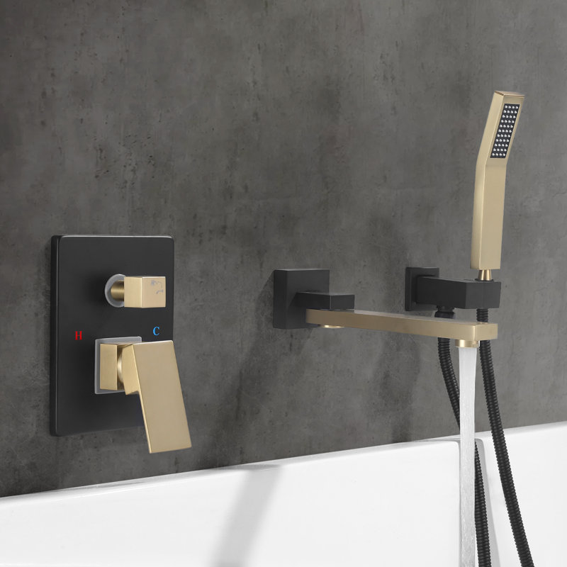 10-2/5" Solid Brass Wall Mounted Bathtub Faucet with Handheld Shower, Brushed Gold/Matte Black