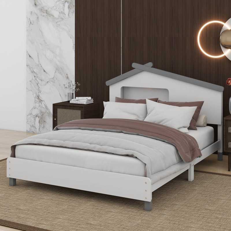 Lit plateforme en bois Ceirah, Blanc / gris