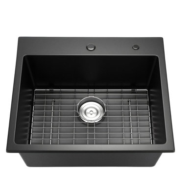 25X22x10 Inch Granite Kitchen Sink Single Bowl, Top Mount For Rv And Bar Areas, Black Quartz Material With Natural Stone Look, Scratch - Design, Included Drain Kit Stopper, Fits Large Cooking