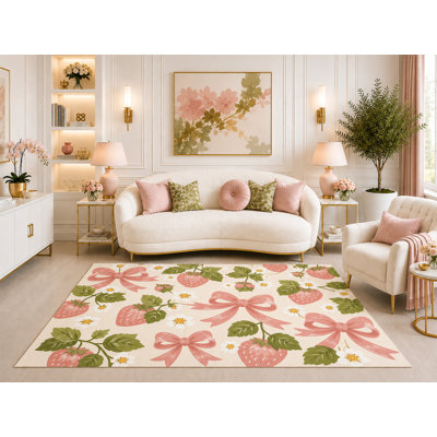 "Ultra Light Weight" 5' x 7' Strawberry Bow Floral Area Rug, Cute Cottagecore Botanical Fruit Rug for Living Room Bedroom Nursery, Non-Slip Silicone Backing Low Pile