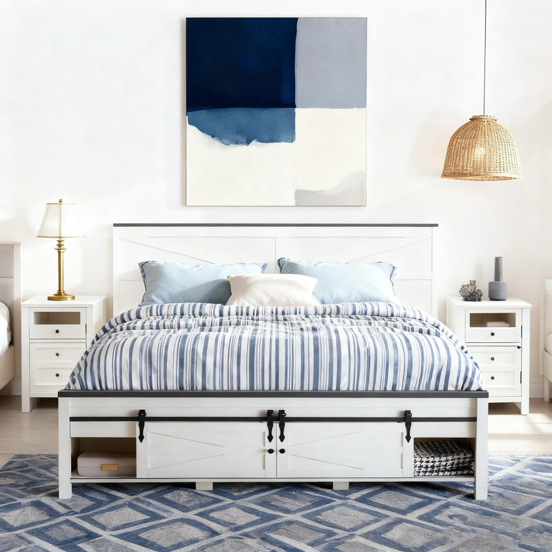 Farmhouse Platform Bed Frame with 47" Tall Barn Door Headboard, White