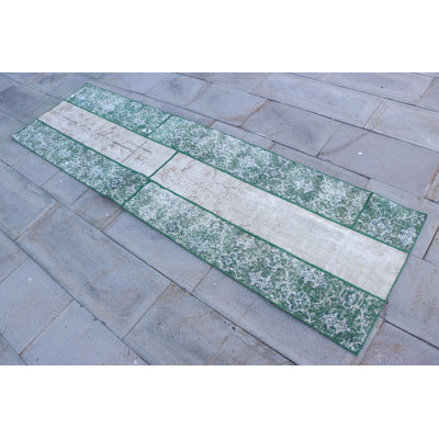 Vintage Green Turkish Patchwork Runner Rug - Rustic Oushak Wool Rug for Hallway