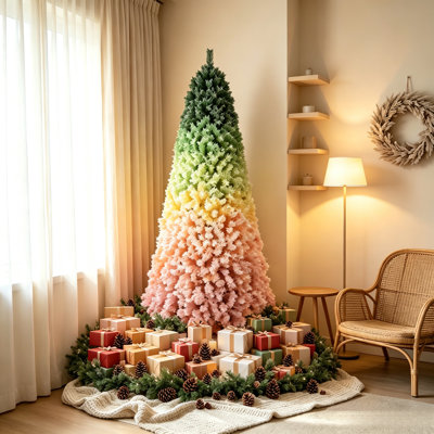 7.5 FT Rainbow Gradient Flocked Artificial Christmas Tree, 1927 PVC Tips, Snowy Flocked Finish, Hinged Branches with Sturdy Metal Stand for Home Holiday Decor
