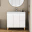 Meuble-lavabo moderne de 91 cm (36 pouces) avec lavabo intégré, 2 portes et tiroirs à fermeture amortie, poignées élégantes, pieds en bois naturel, lavabo en céramique blanche facile à installer, tiroirs et placards de rangement.