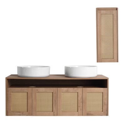 Meuble-lavabo 48 po avec lavabo d'art 2 en céramique et armoire latérale, 4 portes à fermeture en douceur, montage flottant, contreplaqué (emballage KD)