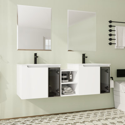 Meuble-lavabo mural Warde avec plateau en céramique et porte à fermeture en douceur Warde