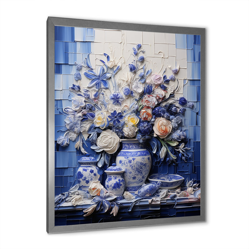 Art mural bleu et blanc Boho Flower Pottery III - Boho Pottery, H 32 po x l 24 po x P 1 po, Cadre photo argenté