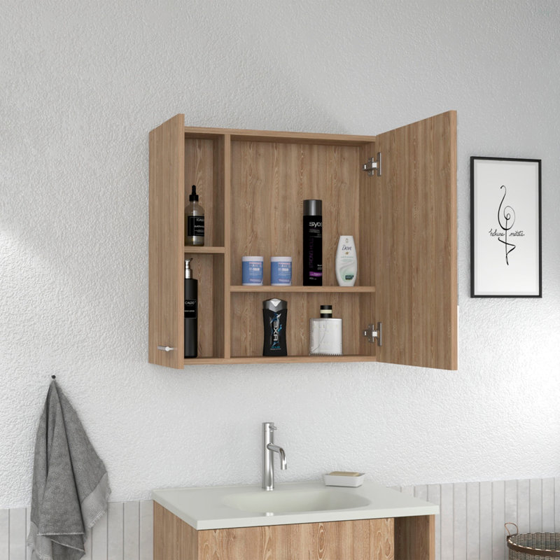 Armoire à pharmacie avec miroir, avec quatre tablettes internes, double porte, rangement minimaliste pour la salle de bain, pin