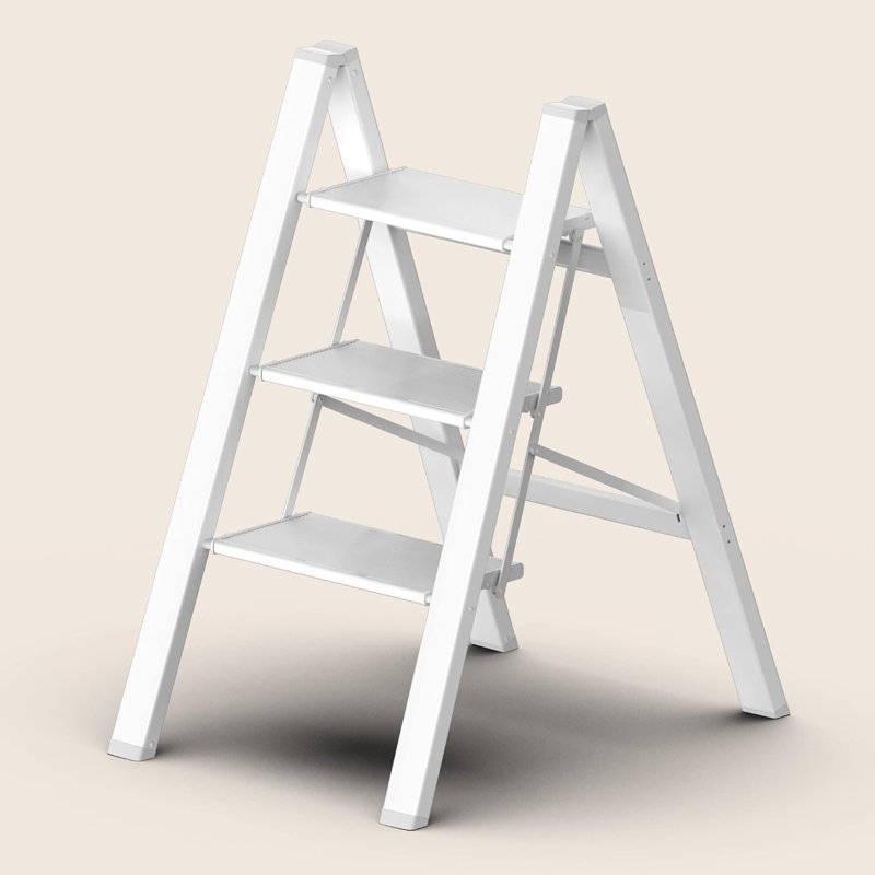 Step Ladder 3 Step Folding, Small Step Stool For Adults, Portable Anti-Slip Iron Stepladder With Wide Pedals For Home And Kitchen Use, Space Saving - White (300 Lbs)