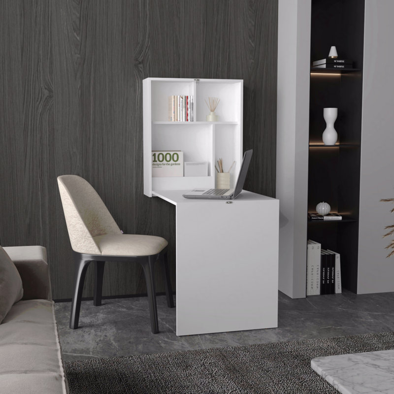Bureau flottant rétractable de 33 po de largeur x 23 po de profondeur, blanc avec quatre tablettes