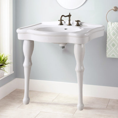 Renovator's Supply Jasmine 32.5" W Console Bathroom Sink with White Wood Spindle Legs, 8" Widespread Faucet Holes