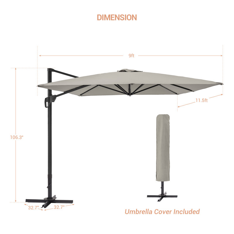Parasol rectangulaire en porte-à-faux 11,5 pi x 9 pi, gris