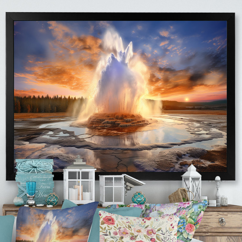 Éclosion volcanique au coucher du soleil - impressions sur toile Geyser, Cadre simple noir, H 12 po x l 20 po x P 1 po