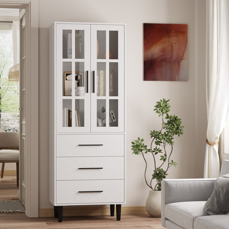71'' H X 23.6'' W Kitchen Pantry With Bookcases, Glass Door Kitchen Storage Cabinet, White
