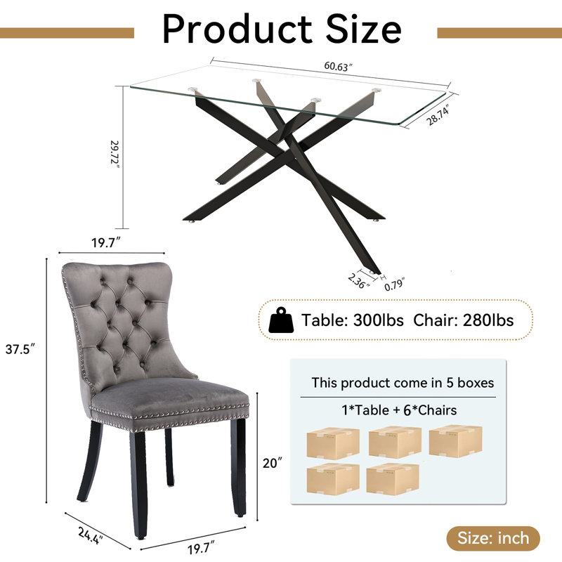 7 Piece Glass Dining Table Set for 6, Modern 60" Glass Kitchen Table with Metal Leg, Tufted Velvet Upholstered Dining Chair, Rectangle Dining Table and Chairs Set for Kitchen
