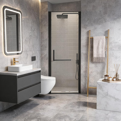 Porte de douche pivotante sans cadre, noir mat, de 68,5 à 71 cm de large, hauteur de 183 cm, en verre trempé transparent.