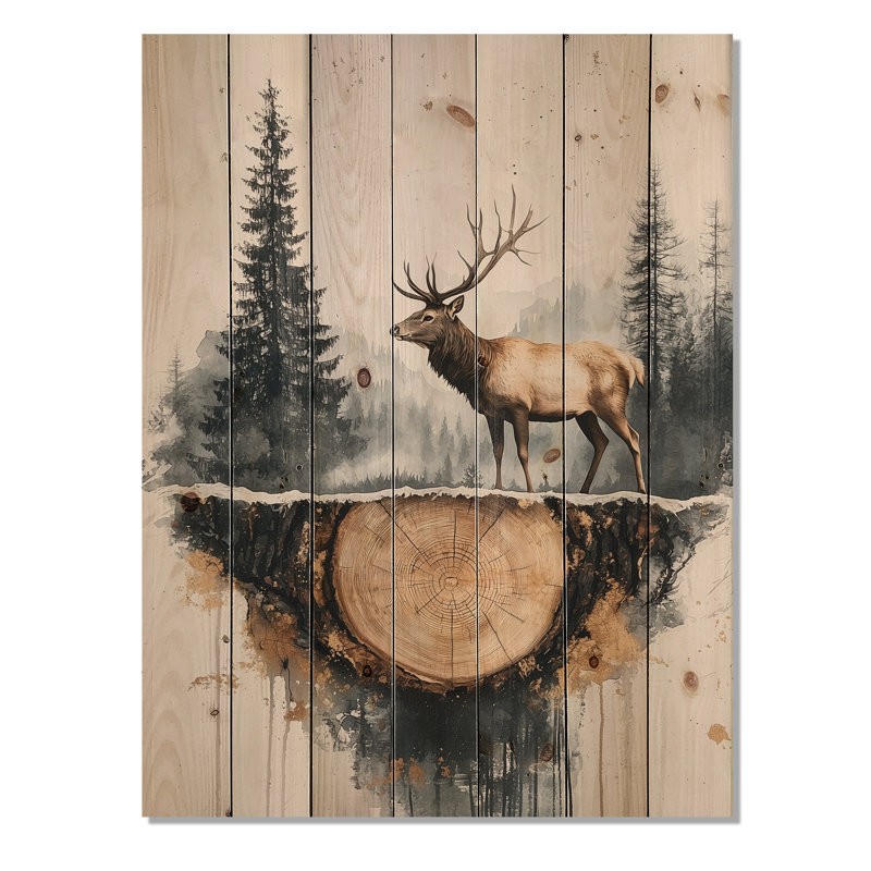 «Deer Guardian Of The Forest I», impression sur bois de cerf, sur bois de pin naturel, H 40 po x l 30 po x P 0,78 po