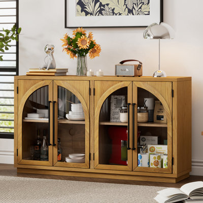 Buffet décoratif 4 portes, grande armoire de rangement avec portes en verre, armoire arquée avec tablettes réglables
