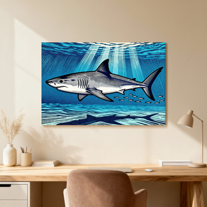 Animal Shark Swimming Underwater With Sunlight Rays, 16" H x 24" W, Wrapped Canvas, Does Not Apply