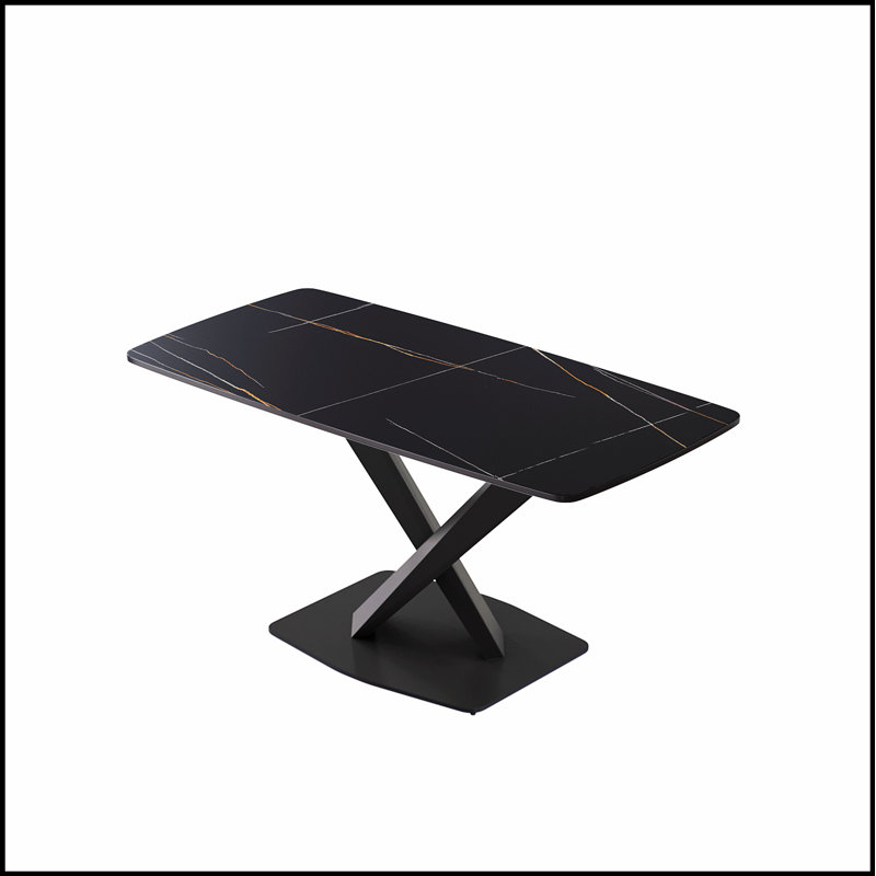 Table de salle à manger moderne en pierre artificielle noire avec pieds en métal pour six personnes, Noir