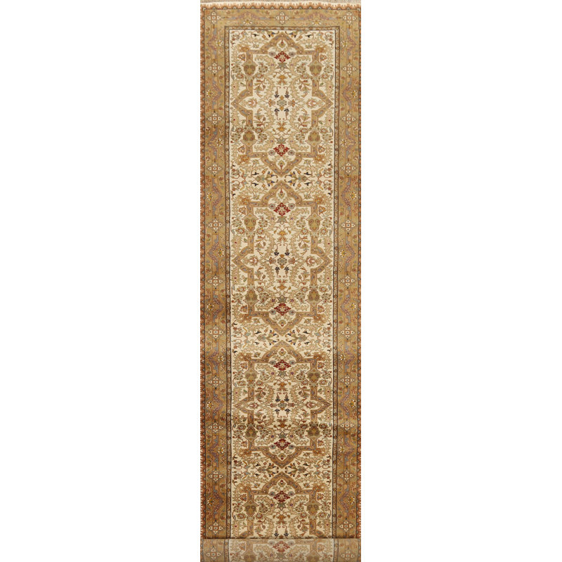 Tapis ivoire noué à la main de conception unique 2 pi 9 po x 15 pi 10 po