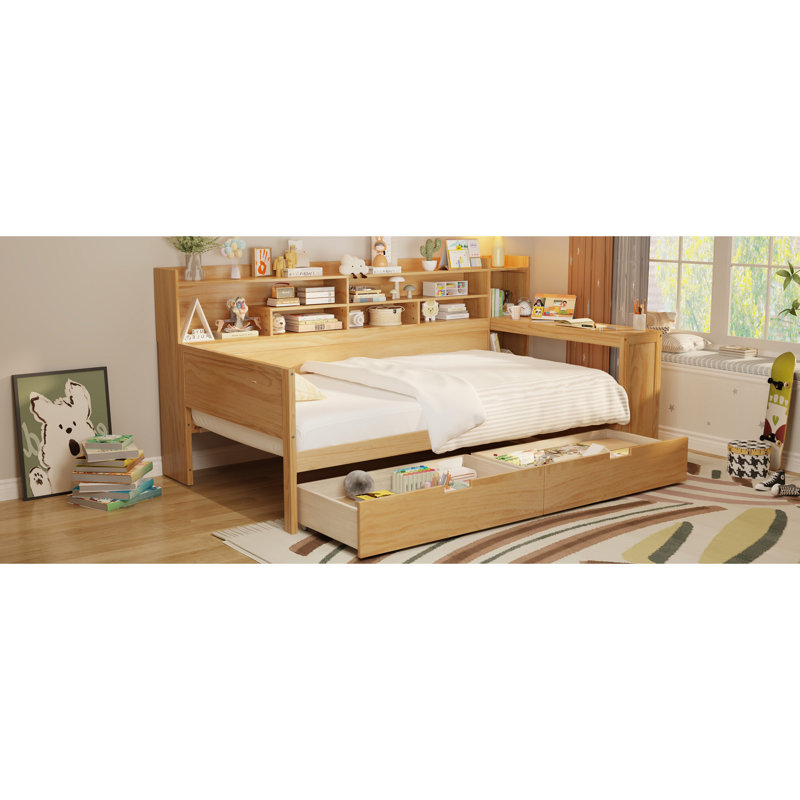 Wooden Daybed With Storage And Desk For Twin Mattress - Quality Construction Natural Twins Multi-Layer Attractive Option