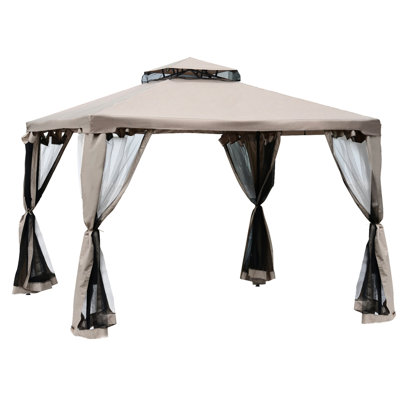 Pavillon de jardin, abri à baldaquin extérieur avec toit à 2 niveaux et filet, structure en acier pour le jardin, la cour arrière et la terrasse taupe