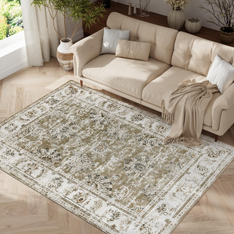 Floral Rug Vintage Botanical Print Distressed Taupe, Rectangle 6' x 9', Distressed Taupe