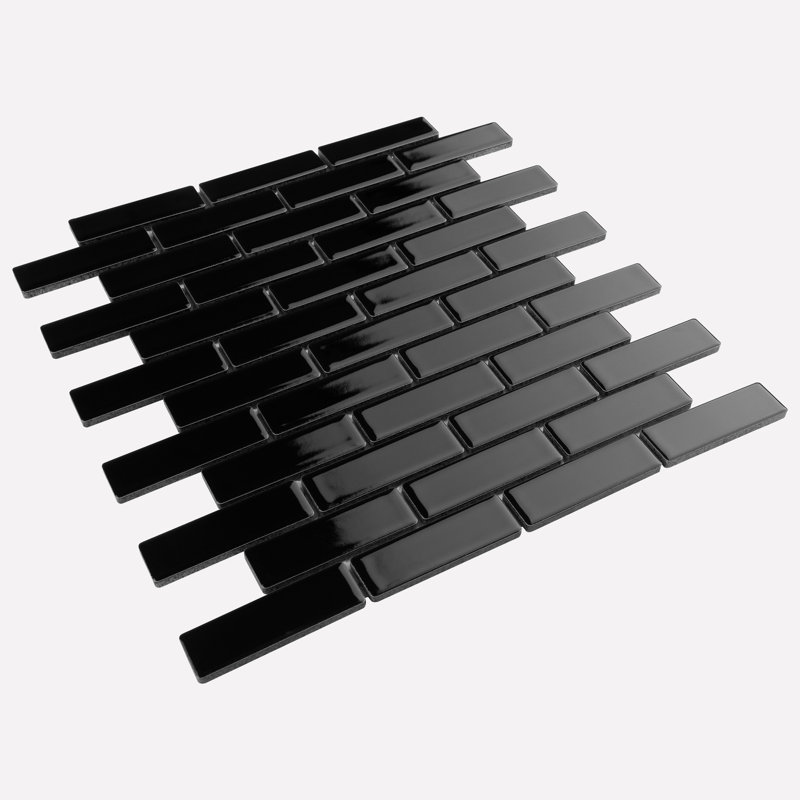 Metro Brick Subway Glossy Black 11-1/2" x 11-3/4" Porcelain Mosaic Floor and Wall Tile