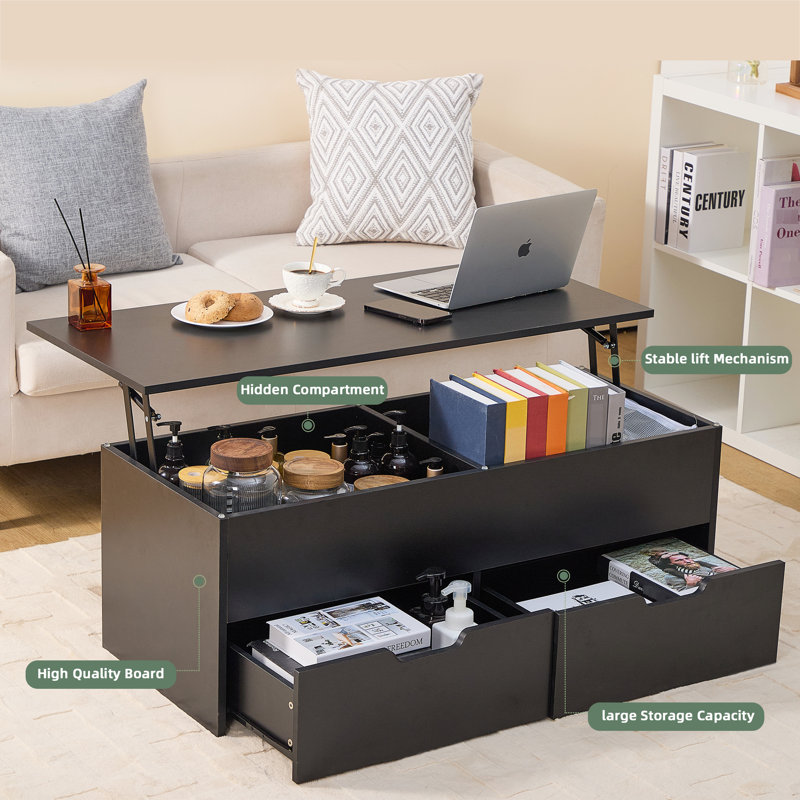 Rangement à plateau relevable noir avec compartiment caché: 2 tiroirs, hauteur réglable, panneau de particules + tiroirs centraux: compartiment, noir