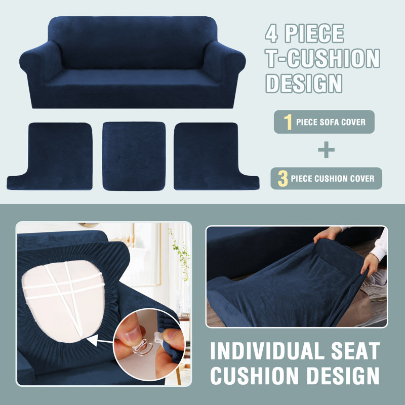 Velvet Stretch 4 Piece T Cushion Sofa Slipcovers for 3 Couch Covers with 3 Individual T Cushion Covers Machine Washable, Navy