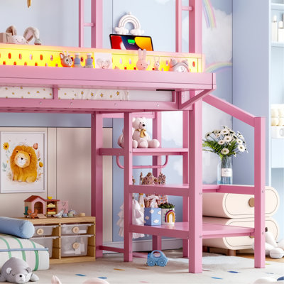Lit mezzanine simple avec escalier de rangement, tablettes et garde-robe intégrée, structure de lit mezzanine en métal avec ports USB et lumières DEL, conception à bruit réduit, rose