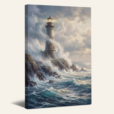 Art mural sur toile, "Stormy Lighthouse on Rocky Coast with Crashing Waves"