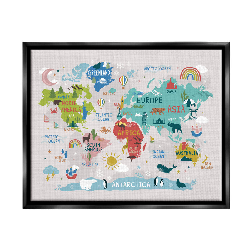 «Native Animals World Map» par Lisa White boutons - reproduction sur toile flottante, H 17 po x l 21 po x P 1,7 po